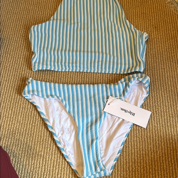 NWT Free people Rhythm Blue and White Striped ribbed bikini set - Picture 9 of 14